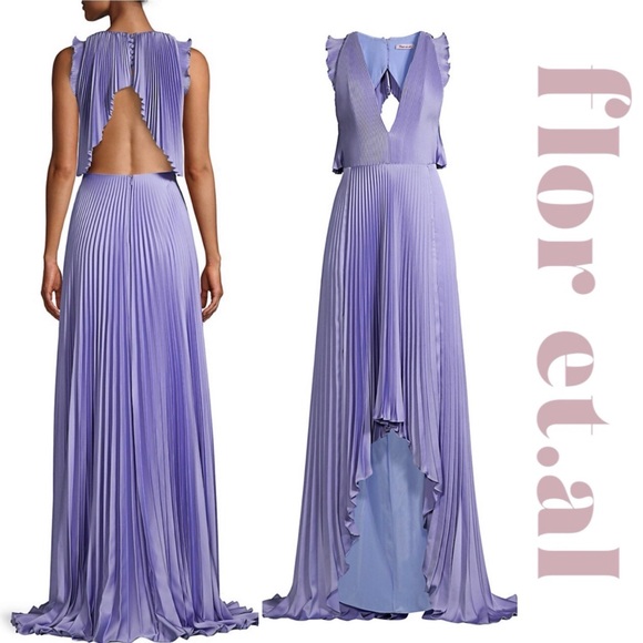 Flor et. al James Satin Pleat Open Back Asymmetric Gown Periwinkle Blue Sz 8 NWT - Picture 1 of 17